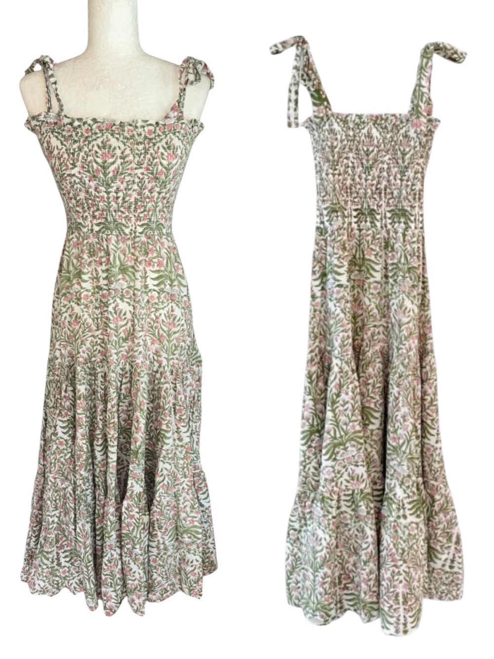 Anna Cate Cali Floral Print Bow Tie Shoulder Smocked Tiered Maxi Dress - XS